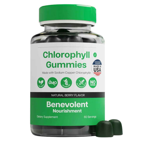 Frasco de Gomitas de Clorofila Benevolent Nourishment sabor Natural Berry, suplemento vegano de 50 mg con 60 servicios para desintoxicación y frescura interna.