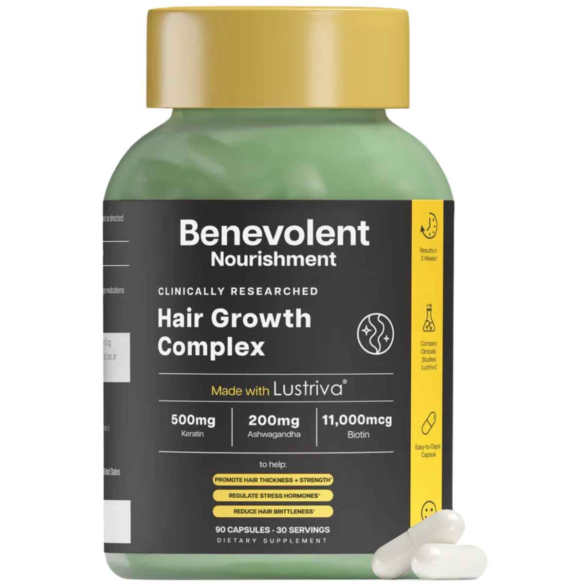 Frasco de suplemento Benevolent Nourishment Hair Growth Complex 90 cápsulas