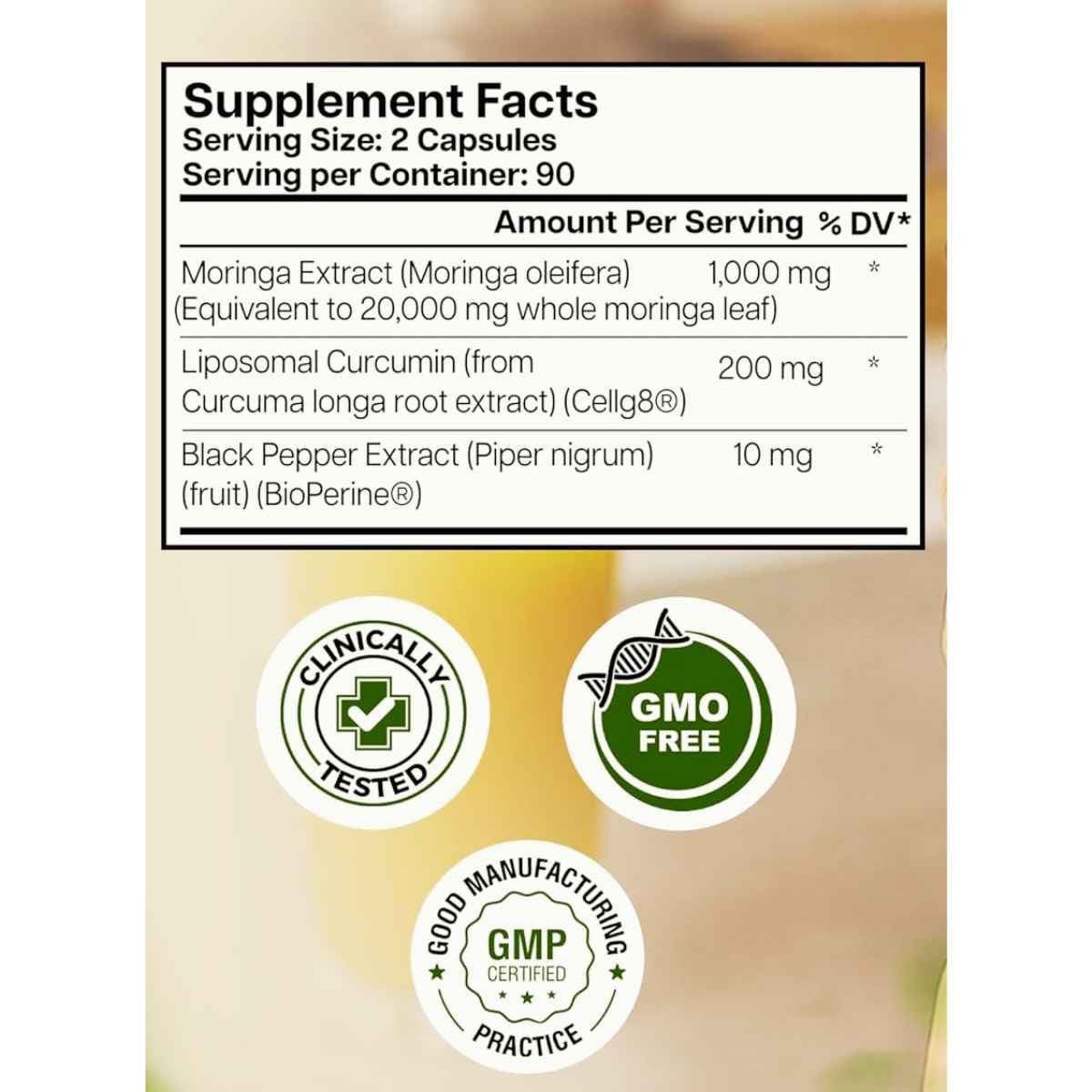 Tabla nutricional del suplemento Benevolent Nourishment Moringa Complex 180 cápsulas
