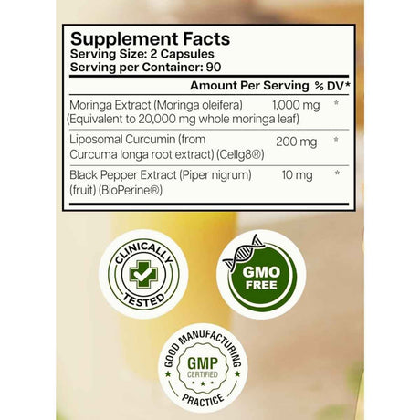 Tabla nutricional del suplemento Benevolent Nourishment Moringa Complex 180 cápsulas