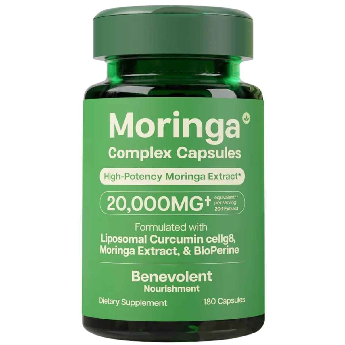 Frasco de suplemento Benevolent Nourishment Moringa Complex 180 cápsulas