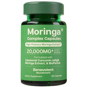 Frasco de suplemento Benevolent Nourishment Moringa Complex 180 cápsulas