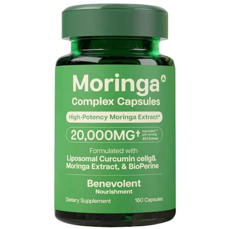 Frasco de suplemento Benevolent Nourishment Moringa Complex 180 cápsulas