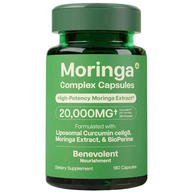 Frasco de suplemento Benevolent Nourishment Moringa Complex 180 cápsulas