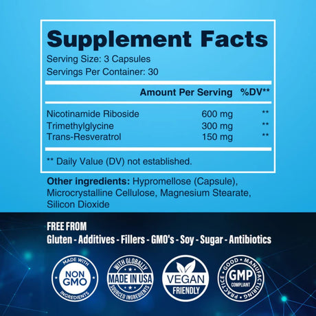 Tabla nutricional del suplemento Benevolent Nourishment Nicotinamida Ribósido 90 cápsulas