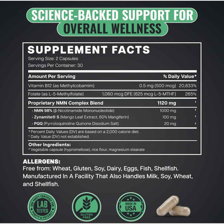 Tabla nutricional del suplemento Benevolent Nourishment NMN Longevity Matrix 1000 mg 60 cápsulas