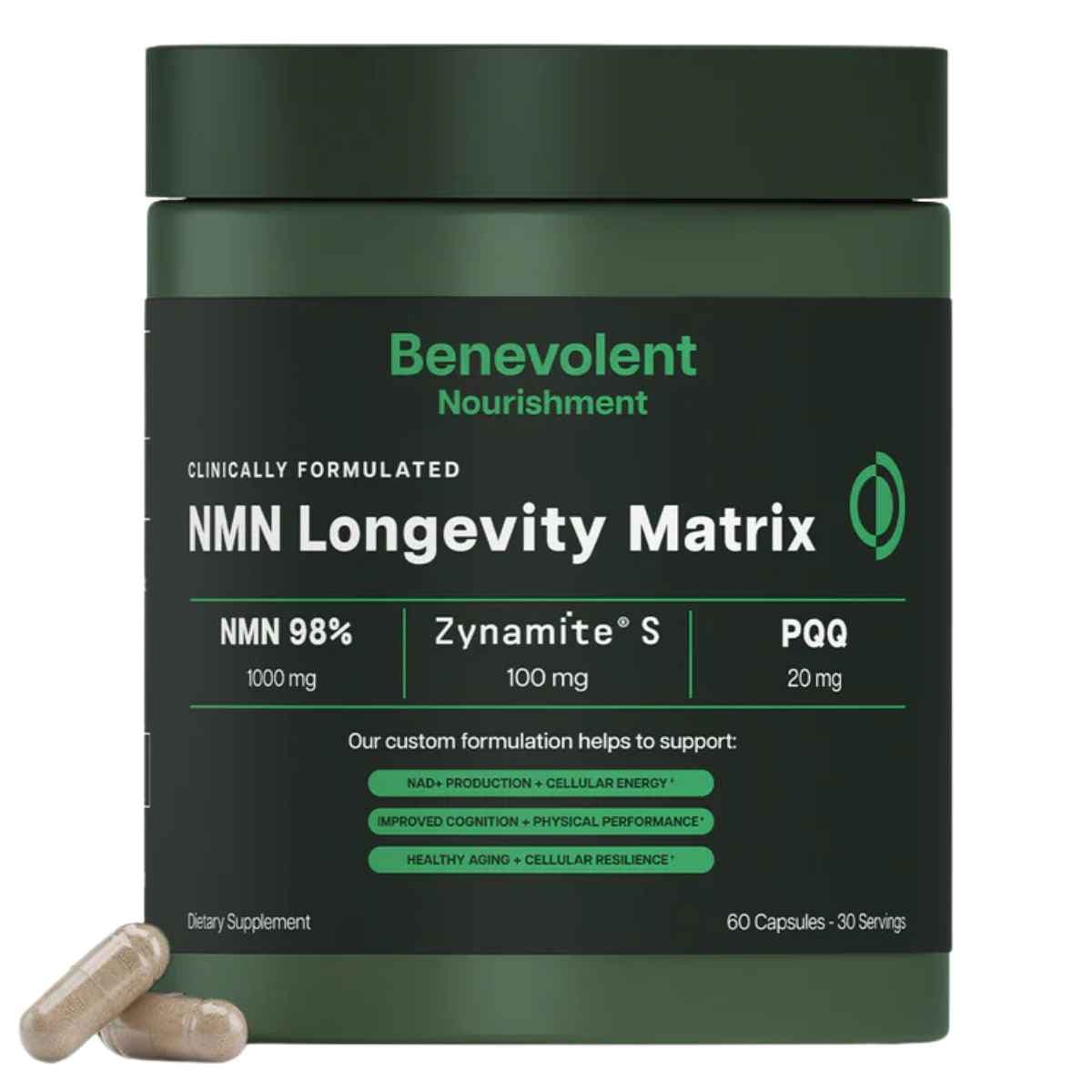 Frasco de suplemento Benevolent Nourishment NMN Longevity Matrix 1000 mg 60 cápsulas