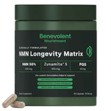Frasco de suplemento Benevolent Nourishment NMN Longevity Matrix 1000 mg 60 cápsulas