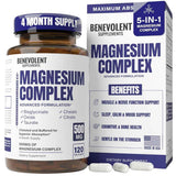Frasco de complejo de magnesio en cápsulas de la marca Benevolent Supplements, presentación de 120 cápsulas