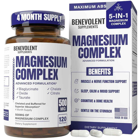 Frasco de complejo de magnesio en cápsulas de la marca Benevolent Supplements, presentación de 120 cápsulas