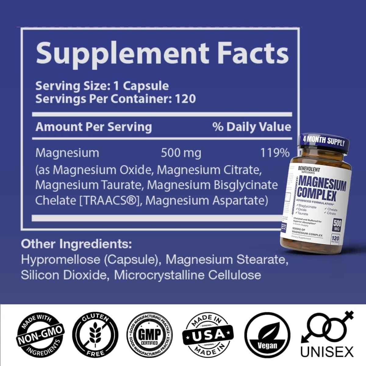 Tabla nutricional del suplemento Benevolent Supplements complejo de magnesio con información de ingredientes y cantidad por porción