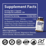 Tabla nutricional del suplemento Benevolent Supplements complejo de magnesio con información de ingredientes y cantidad por porción
