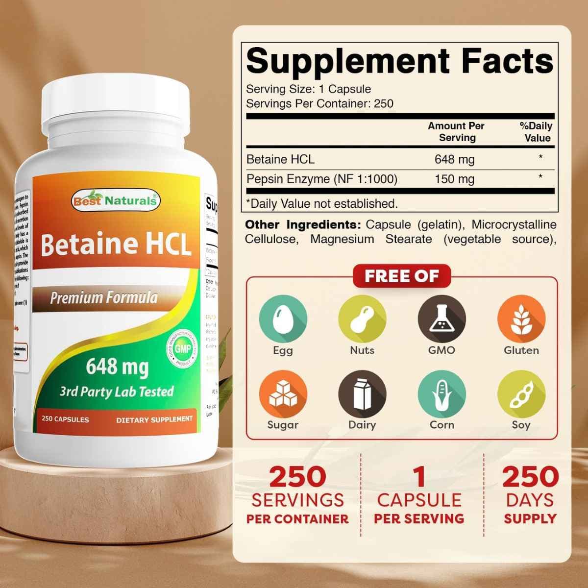 Tabla nutricional del suplemento Best Naturals Betaine HCL 648 mg 250 cápsulas