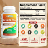 Tabla nutricional del suplemento Best Naturals Betaine HCL 648 mg 250 cápsulas
