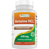 Frasco de suplemento Best Naturals Betaine HCL 648 mg 250 cápsulas
