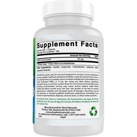 Tabla nutricional del suplemento Best Naturals DHEA Micronizado 180 cápsulas