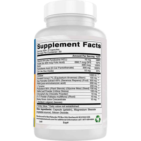 Tabla nutricional del suplemento Best Naturals Fórmula Anti-Canas con Catalasa 60 cápsulas