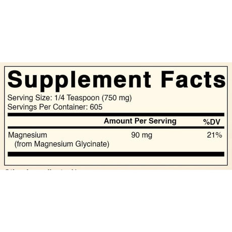 Etiqueta de información suplementaria de glicinato de magnesio en polvo Best Naturals de 1 lb 454 g