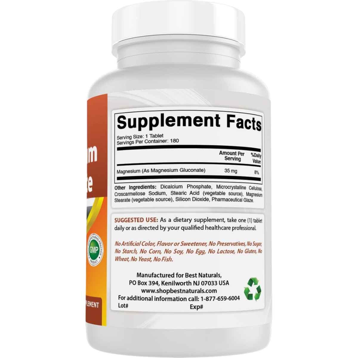 Supplement Facts de Best Naturals gluconato de magnesio con 35 mg de magnesio por tableta