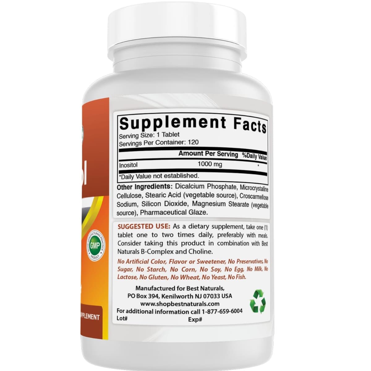 Etiqueta de Best Naturals Inositol 1000 mg de 120 tabletas con tabla del suplemento