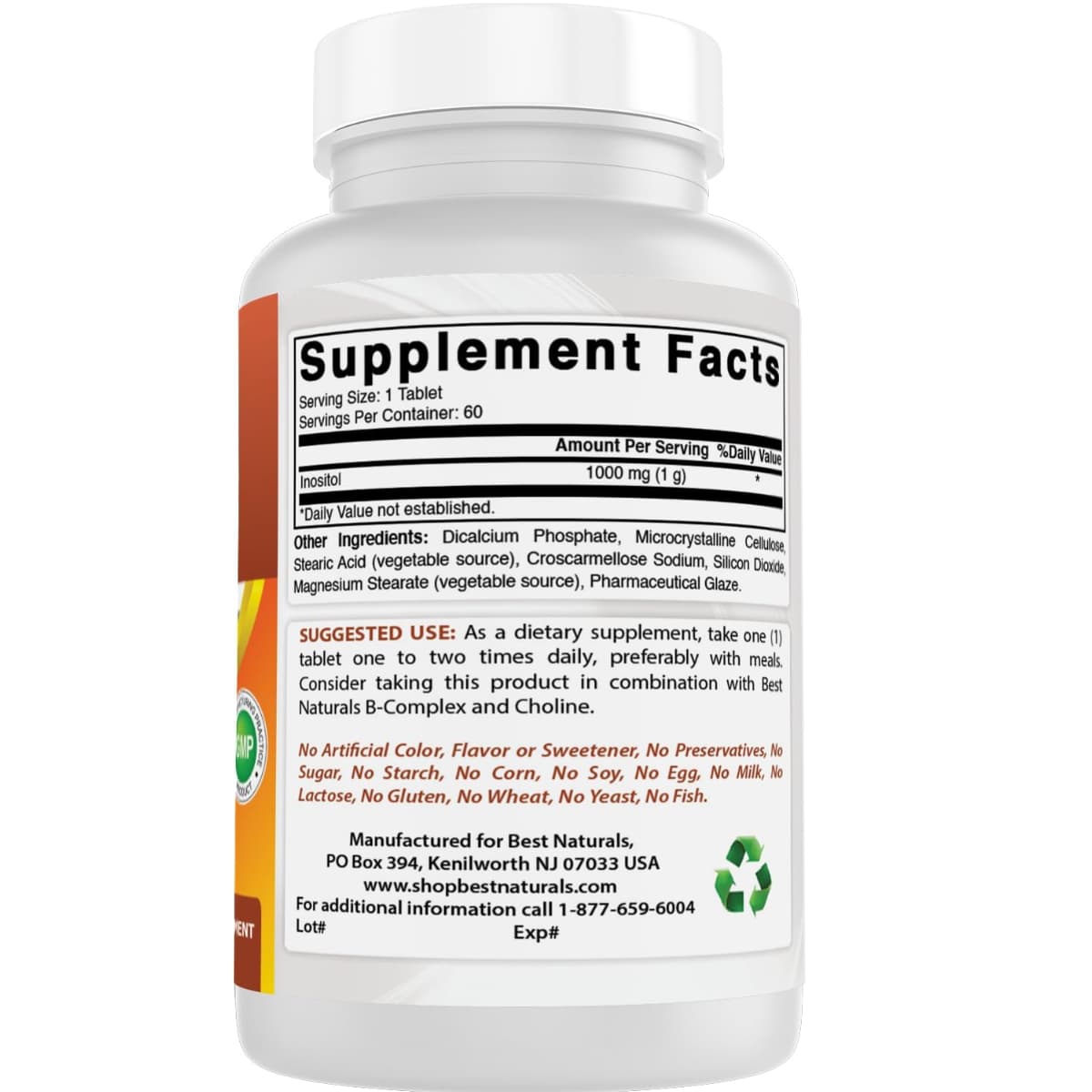 Etiqueta de Best Naturals Inositol 1000 mg de 60 tabletas con tabla del suplemento