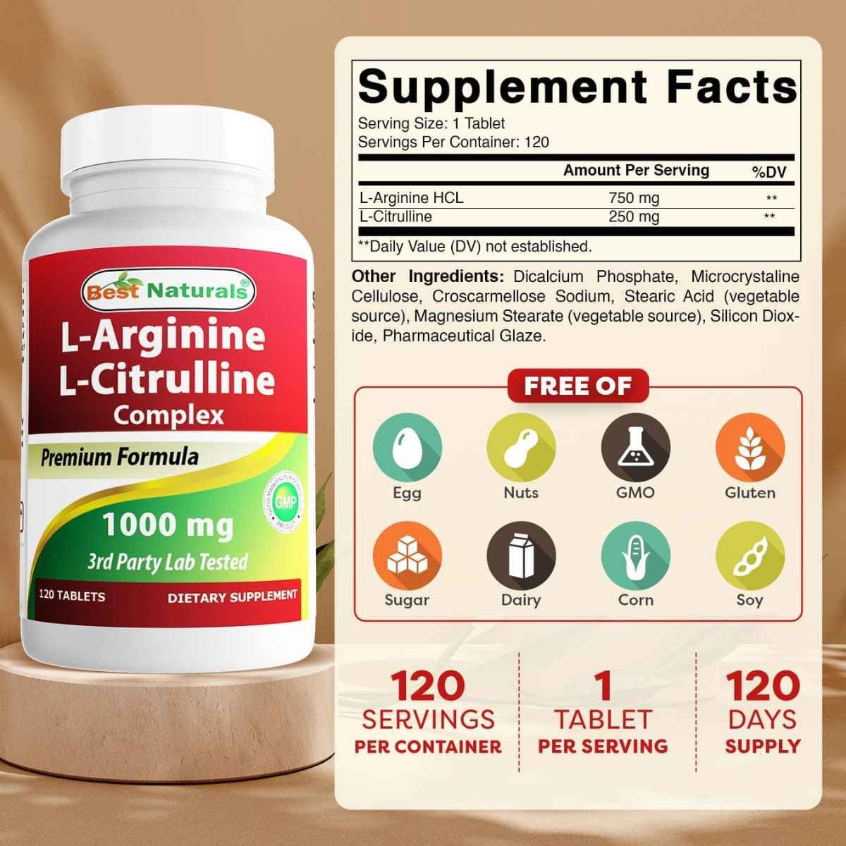 Tabla nutricional del suplemento Best Naturals L-Arginina L-Citrulina Complex 1000 mg 120 tabletas