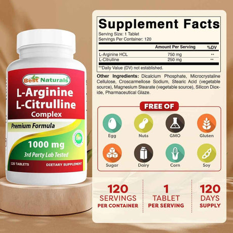 Tabla nutricional del suplemento Best Naturals L-Arginina L-Citrulina Complex 1000 mg 120 tabletas