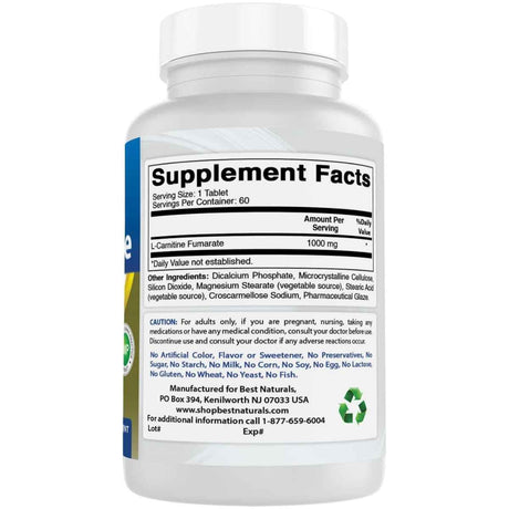 Etiqueta de Best Naturals L-Carnitina 1000 mg con información de  ingredientes  y modo de uso en presentación de 60 tabletas