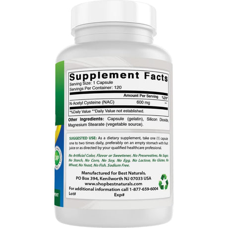Tabla nutricional del suplemento Best Naturals N-Acetil Cisteína 600 mg 120 cápsulas