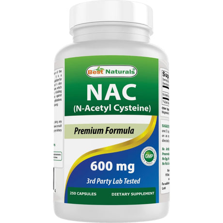 Frasco de suplemento Best Naturals N-Acetil Cisteína 600 mg 250 cápsulas
