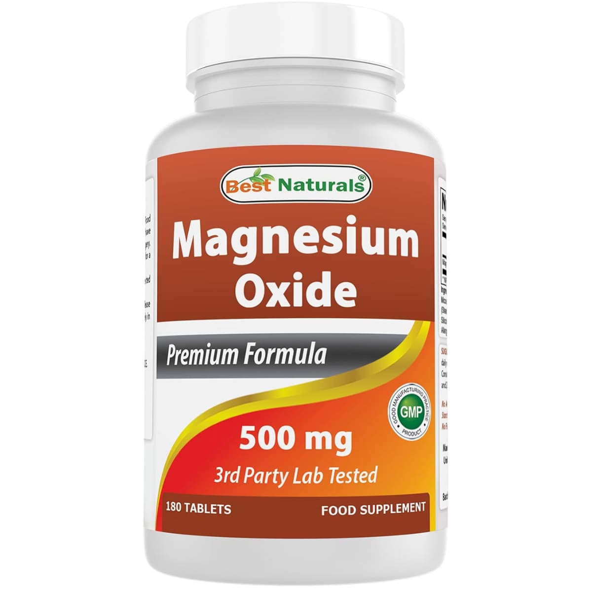 Frasco frontal de Best Naturals óxido de magnesio 500 mg, presentación de 180 tabletas