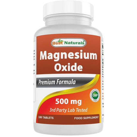 Frasco frontal de Best Naturals óxido de magnesio 500 mg, presentación de 180 tabletas