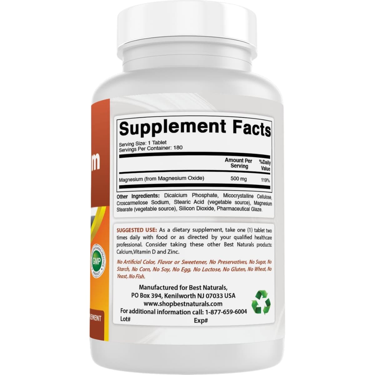 Información del suplemento Best Naturals óxido de magnesio 500 mg para la presentación de 180 tabletas