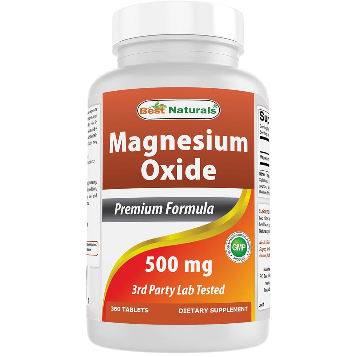 Frasco frontal de Best Naturals óxido de magnesio 500 mg, presentación de 360 tabletas