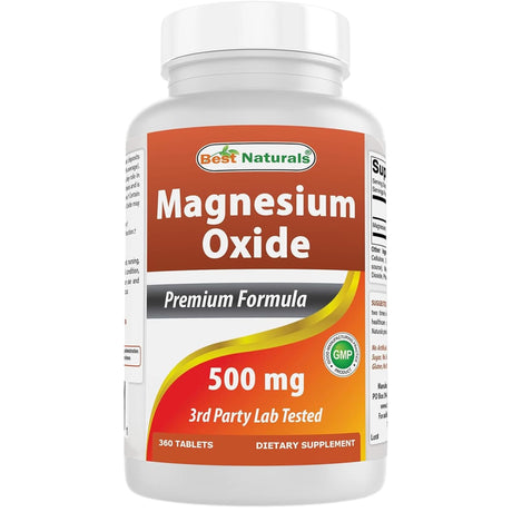 Frasco frontal de Best Naturals óxido de magnesio 500 mg, presentación de 360 tabletas