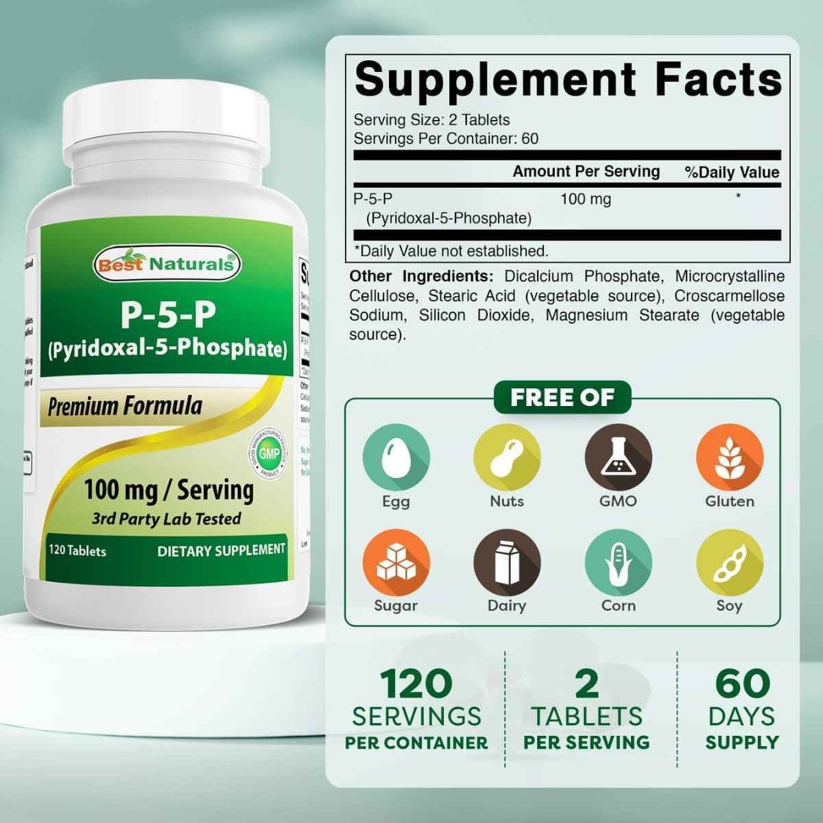 Tabla nutricional del suplemento Best Naturals P5P Vitamina B6 120 tabletas