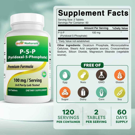 Tabla nutricional del suplemento Best Naturals P5P Vitamina B6 120 tabletas