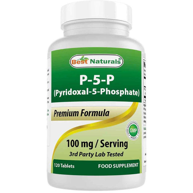 Frasco de suplemento Best Naturals P5P Vitamina B6 120 tabletas
