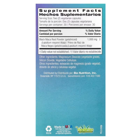 Tabla nutricional del suplemento Bio Nutrition Maca Negra Gelatinizada 60 cápsulas