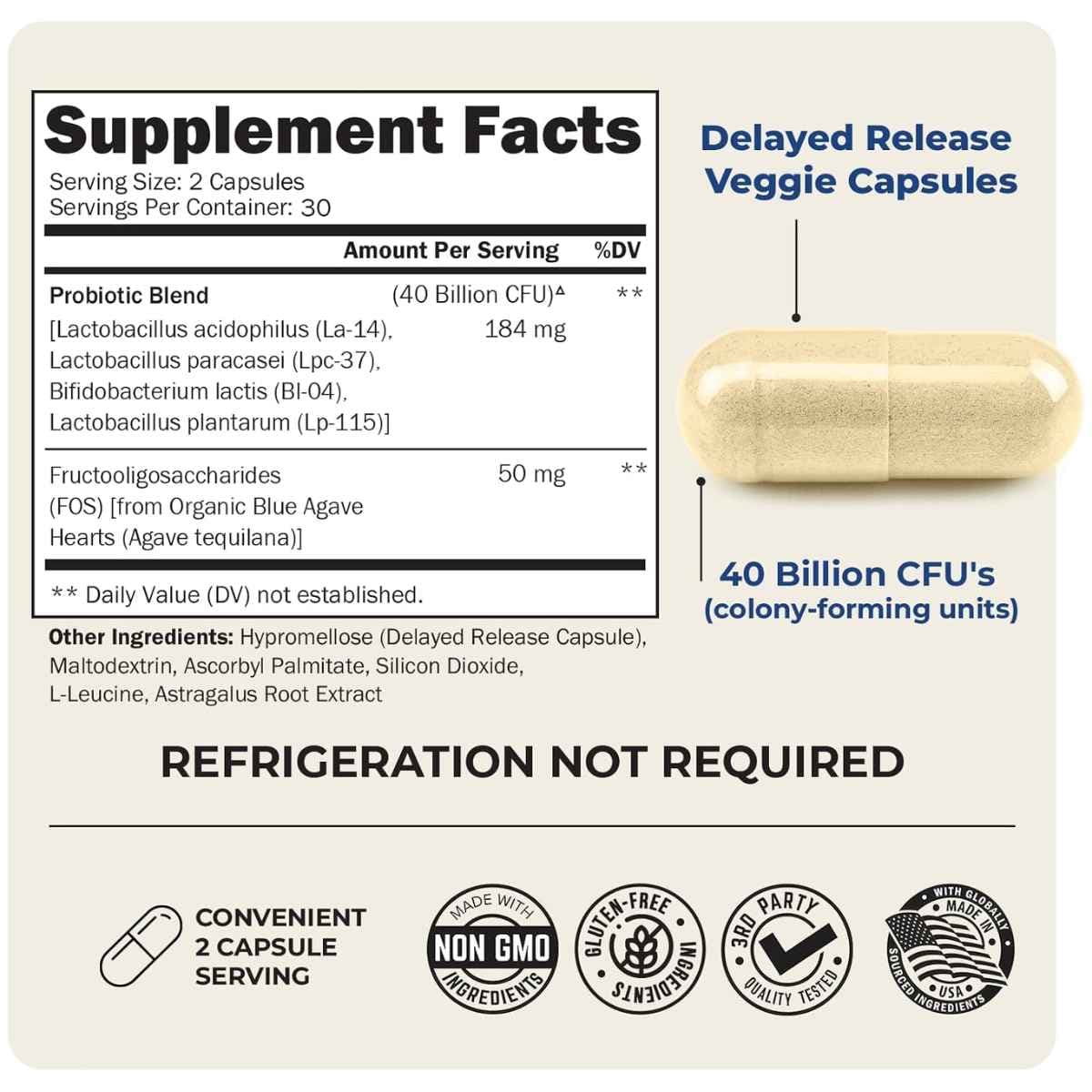 Tabla nutricional del suplemento Bio Schwartz Probiótico de Fuerza Avanzada 40 Billion CFU 60 Cápsulas Vegetales