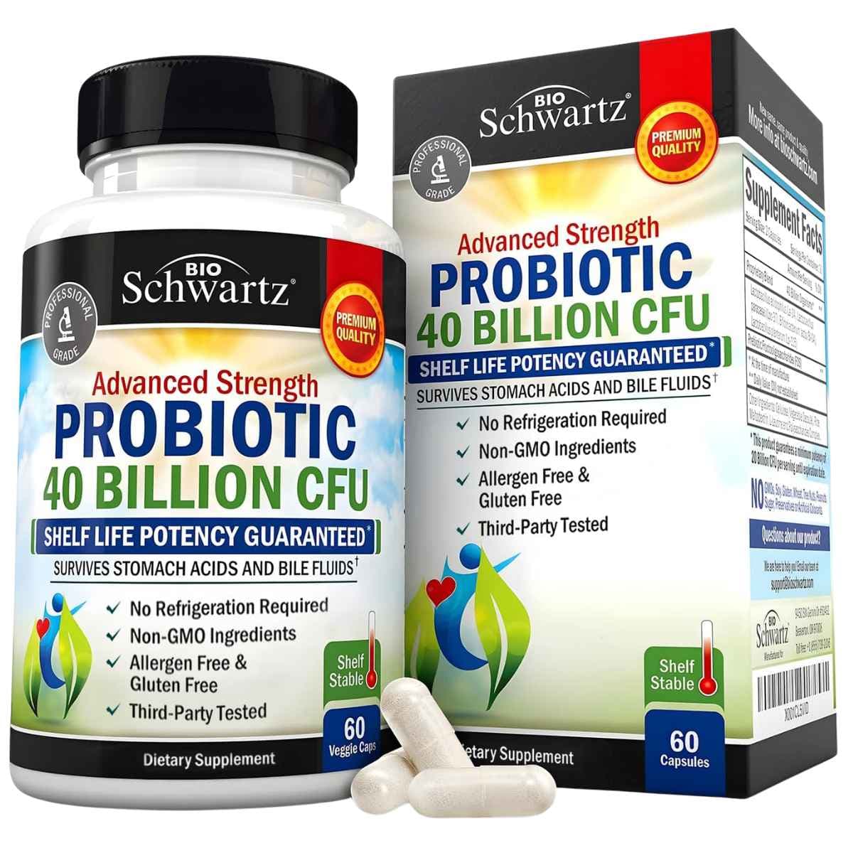 Frasco de suplemento Bio Schwartz Probiótico de Fuerza Avanzada 40 Billion CFU 60 Cápsulas Vegetales
