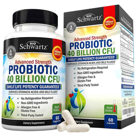 Frasco de suplemento Bio Schwartz Probiótico de Fuerza Avanzada 40 Billion CFU 60 Cápsulas Vegetales
