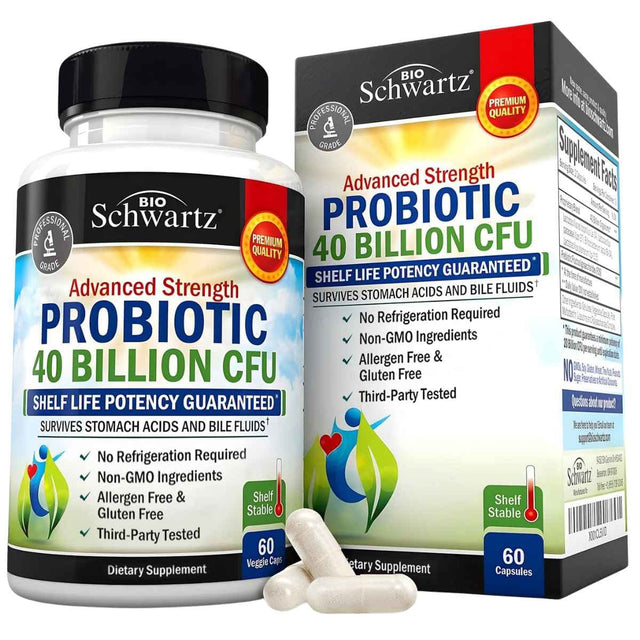 Frasco de suplemento Bio Schwartz Probiótico de Fuerza Avanzada 40 Billion CFU 60 Cápsulas Vegetales