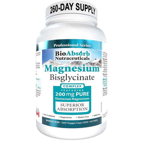 Frasco de suplemento BioAbsorb Nutraceuticals Bisglicinato de Magnesio 260 cápsulas