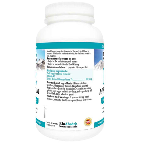 Tabla nutricional del suplemento BioAbsorb Nutraceuticals Vitamina K2 MK-7 200 cápsulas