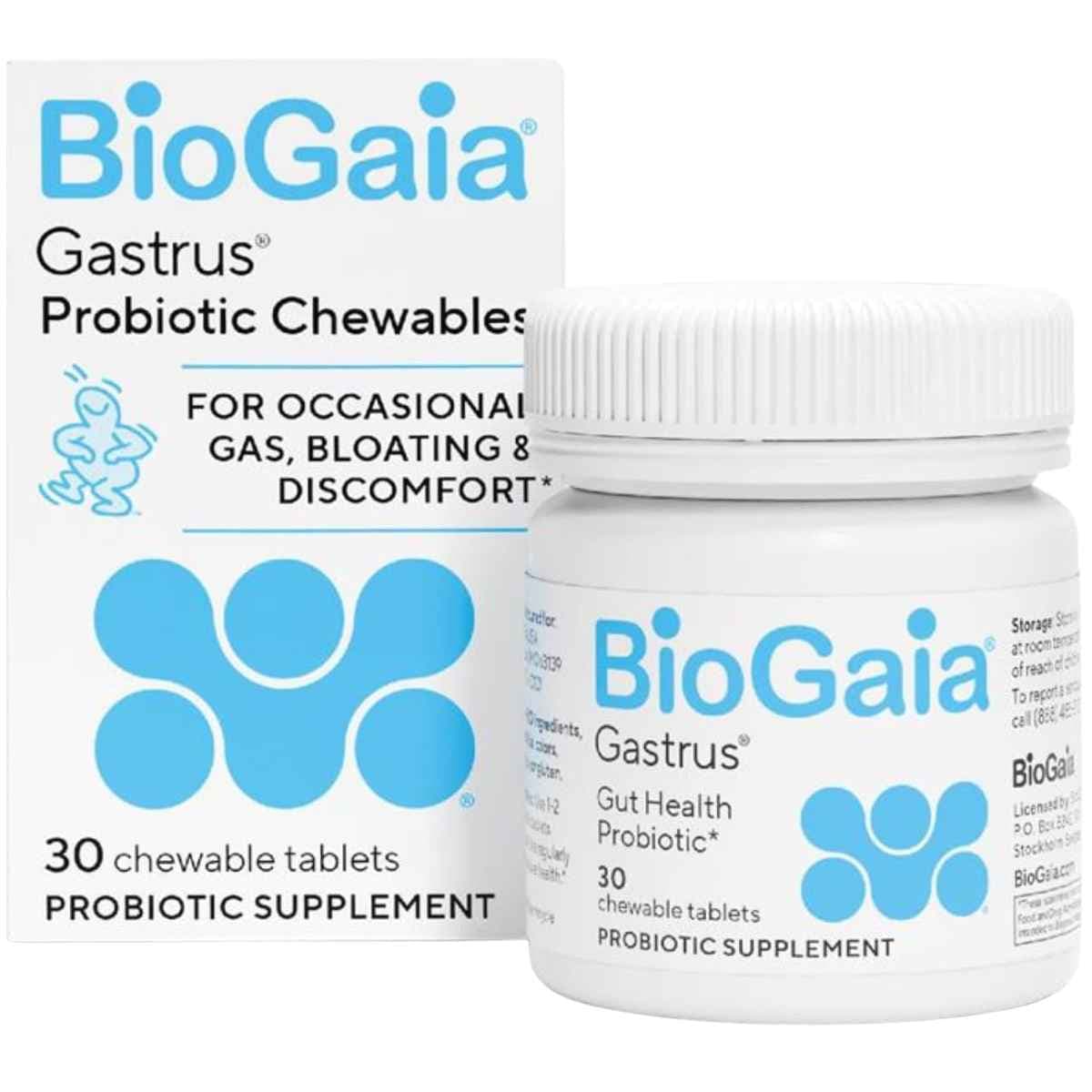 BioGaia Gastrus probiótico con Lactobacillus reuteri, presentación de 30 tabletas masticables