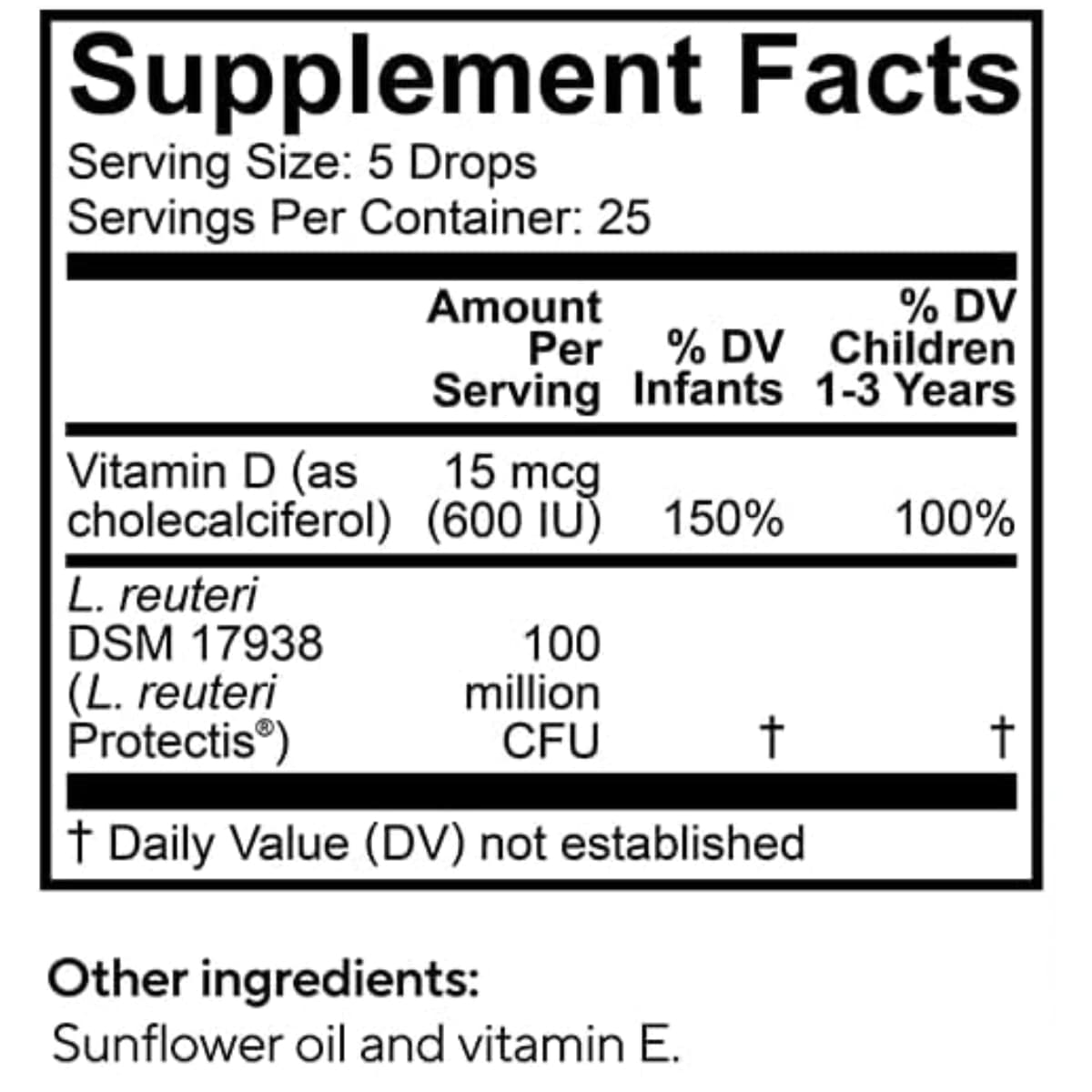 Tabla nutricional del suplemento BioGaia Probiótico L. reuteri DSM 17938 5 ml gotas