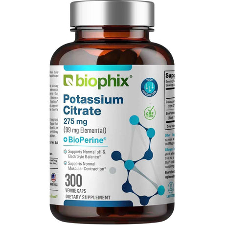 Frasco de suplemento biophix Citrato de Potasio 275 mg 300 cápsulas