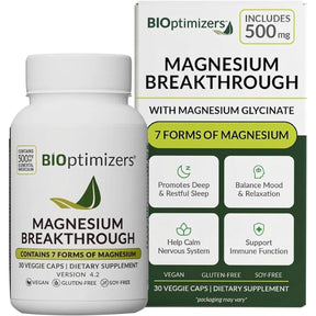 Frasco y caja de BIOoptimizers Magnesium Breakthrough, presentación de 30 cápsulas vegetales.