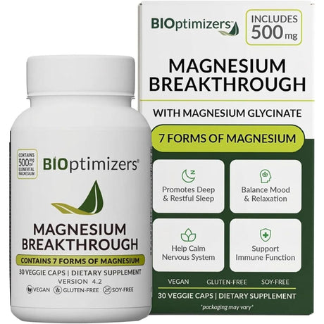 Frasco y caja de BIOoptimizers Magnesium Breakthrough, presentación de 30 cápsulas vegetales.